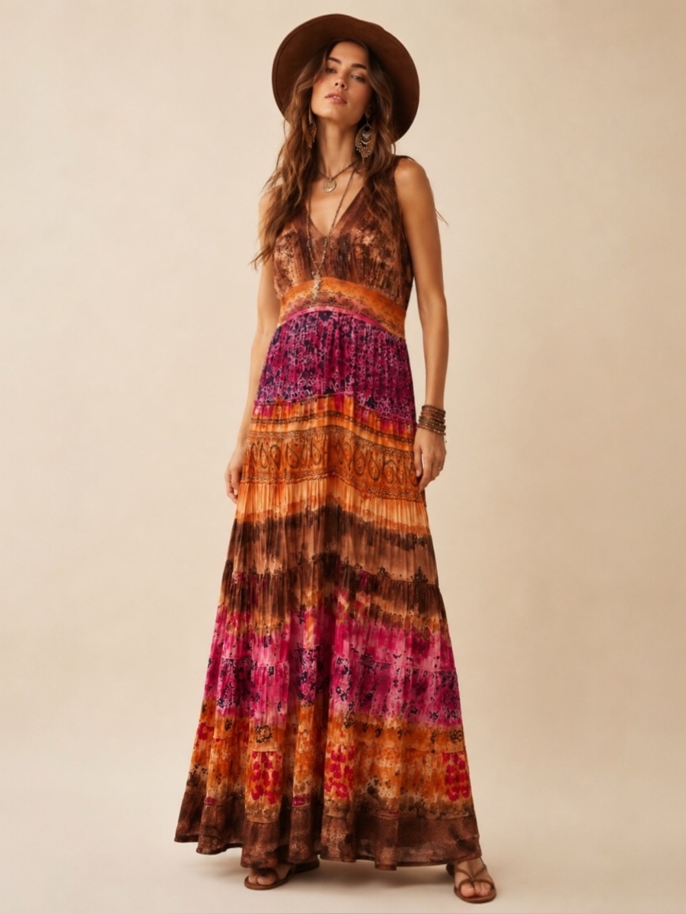 S.R. Fashion Women's Tie Dye Tired Multicolored Maxi  Dress Beach Hippie Sz S